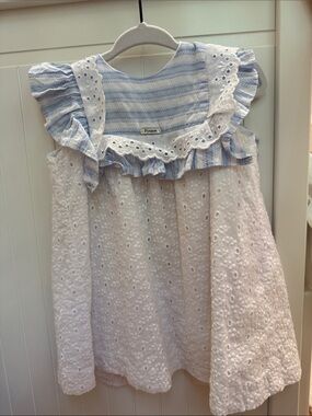 Que White Eyelet Dress with Blue Striped Ruffle Yoke